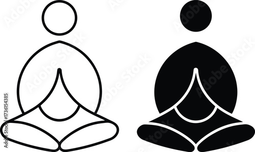 Black and white outline icons of people meditating in lotus pose meditation yoga