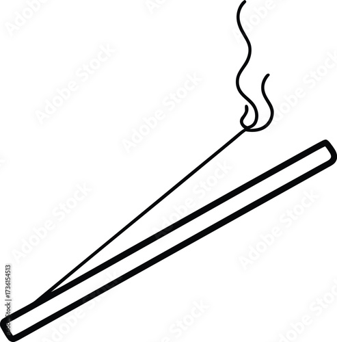 Black outline of burning incense stick with smoke on white background aroma