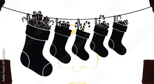 Christmas stockings hanging with gifts and candy canes inside