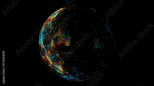 Futuristic digital sphere with glowing network connections, AI, big data, and cybersecurity concept.