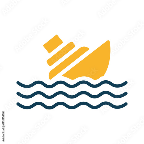 Gold silhouette of sinking ship among wavy blue ocean on a transparent background