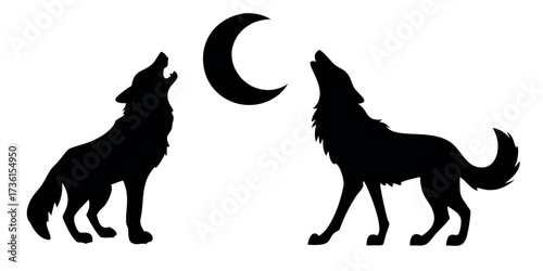 Vector Silhouette Set of Wolves Howling Running and Standing Alert