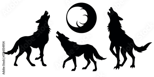Vector Silhouette Set of Wolves Howling Running and Standing Alert