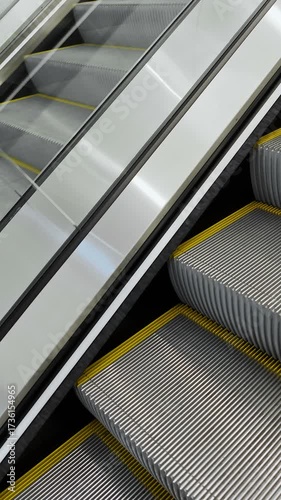 Vertical view of moving walkway escalator in a public station, transport technology 4k
