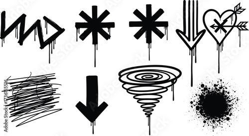 A diverse set of black spray-painted graffiti elements, featuring dripping arrows, stars, and splatters for urban design projects