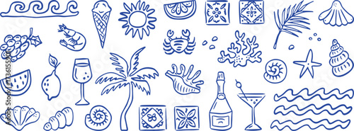 Delightful summer doodles featuring beach vacation icons, refreshing drinks, tropical fruits, and seaside motifs