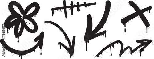 Collection of black spray paint graffiti elements with dripping texture. Set of urban street art symbols including arrows, flowers, and tags