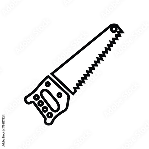 Sharp black saw with a wooden handle is displayed on white background