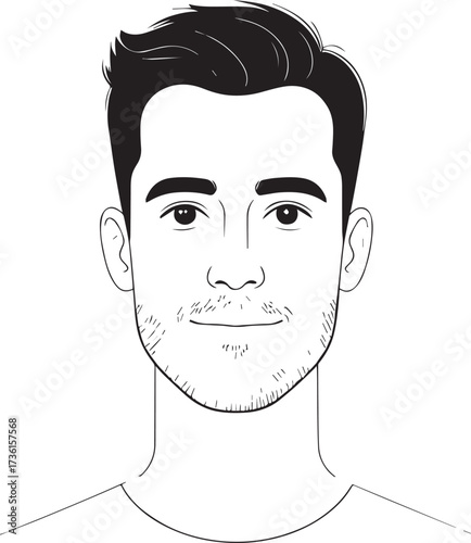 Simple black and white line art portrait of a handsome young man with a modern hairstyle and stubble. A clean vector illustration of a male face
