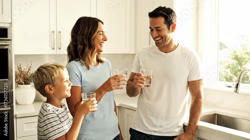 Family Drinking Glasses of Water in Modern Kitchen