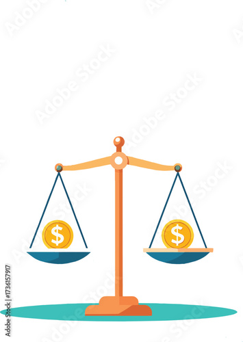 A flat vector illustration of a balanced scale holding two gold dollar coins, symbolizing financial equality, budget management, and economic stability