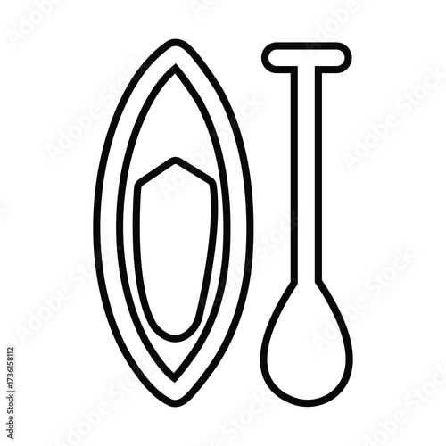 Simple canoe and paddle line drawing suggests watersports activities on white background