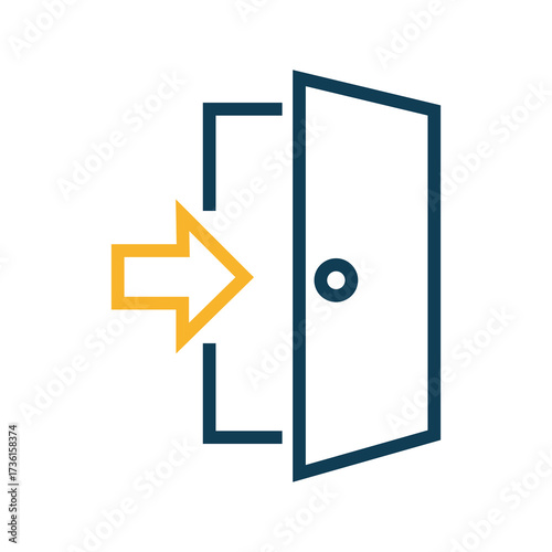 Simple entry symbol shows direction into a dark blue doorway against a white background