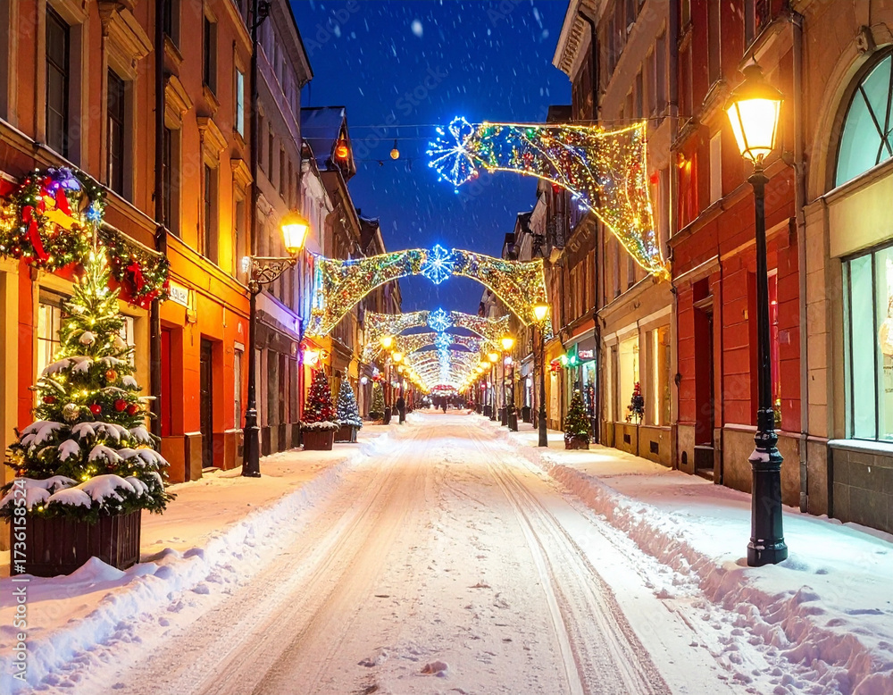 Fototapeta premium 雪の街を彩るクリスマスイルミネーション|冬の夜景と華やかな光の祝祭