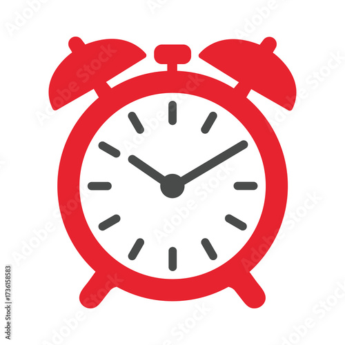 Simple red alarm clock shows the time against a clean white background