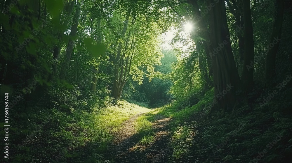 Obraz premium Sunlight Filters Through Lush Green Trees on a Serene Forest Path