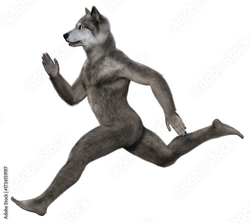 Gray anthropomorphic wolf or werewolf running. 3d rendering on transparent background, no AI used