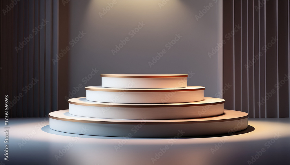 Obraz premium Three Tiered Circular Podiums In A Minimalist Setting Illuminated By Soft Light Creating An Elegant Display For Product Presentation And Artistic Showcases