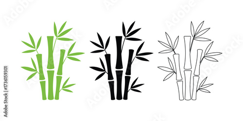 Three bamboo plant bunches are seen in green, black, and outline styles on white background