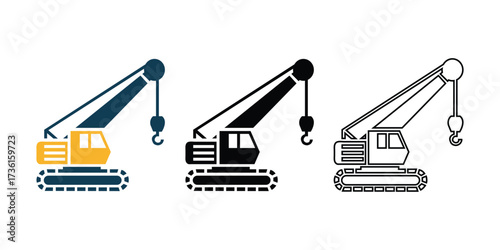 Three crane icon designs demonstrate solid fill and outline variations over a white background