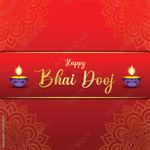 Happy Bhai Dooj invitation flyer with decorative elements like mandala, Diya, glowing background, Indian Cultural event of Bhai Dooj poster for your design, easily editable vector illustration