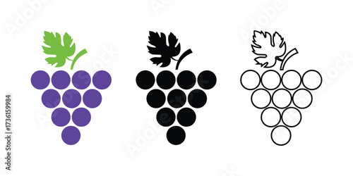 Three bunches of grape icons in different styles are on white background