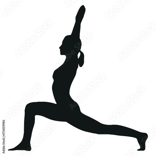 Minimal black silhouette of a woman doing yoga pose, side view, smooth clean vector lines, no background, high contrast, professional stock vector, simple and aesthetic, centered composition