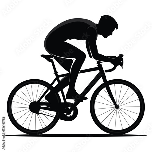 Black silhouette of a person riding a bicycle, dynamic pose, clean vector art, isolated on white, minimal and trendy style, perfect for t-shirt or stock illustration