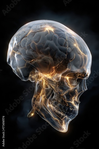 Luminous Consciousness - Golden Neural Energy Pulsing in a Translucent Skull.