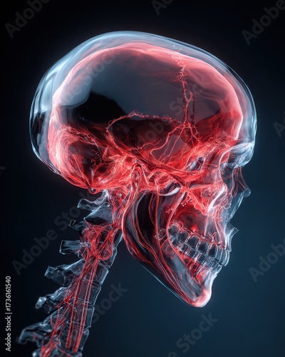 Luminous Red Anatomy - A Translucent Human Skull and Spine in Profile View.