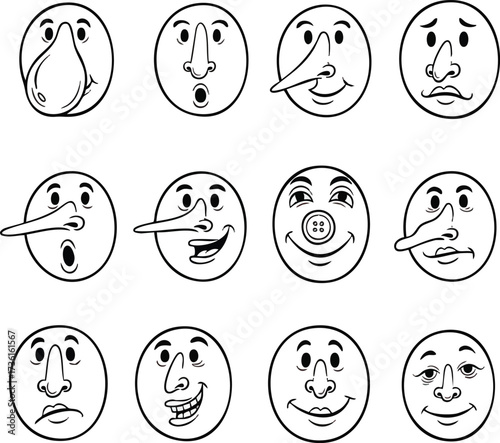 A collection of twelve black and white cartoon faces with various funny noses and expressions.