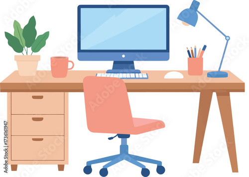 Modern home office workplace interior with a computer desk, swivel chair, and lamp. Flat vector illustration for remote work concepts and comfortable business environments