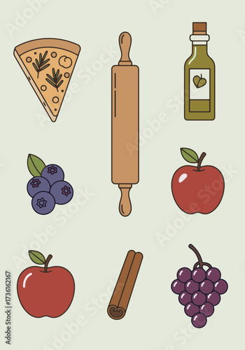 Set of vector food icons with a focaccia slice, rolling pin, and olive oil. Flat lay illustration of cooking and baking ingredients. Culinary collection for design