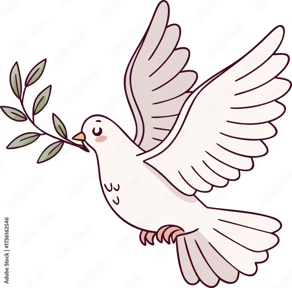 Obraz premium Dove of peace vector illustration, cute cartoon white bird flying with an olive branch, simple hand drawn graphic. Symbol of hope, religion and freedom, lovely flat design element.