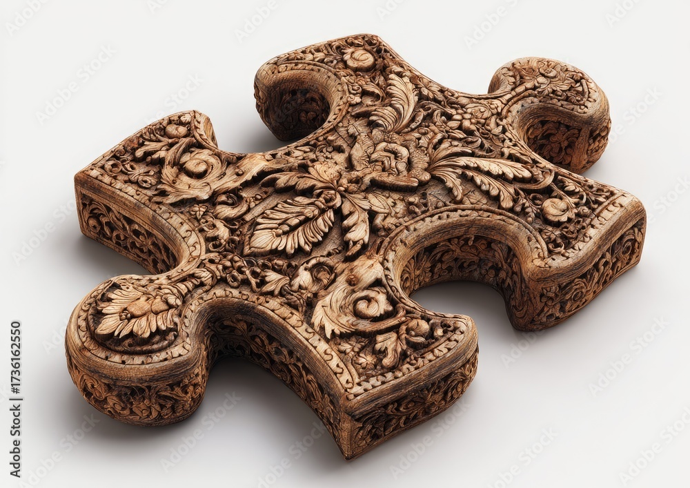 Fototapeta premium Ornate puzzle piece, light brown, detailed carvings