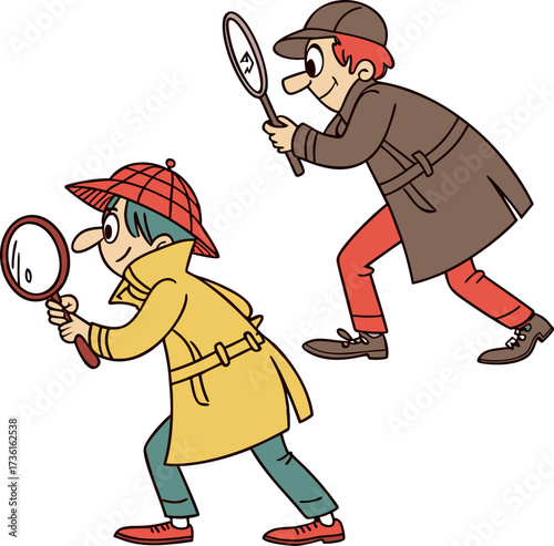 Cartoon detectives set, funny character looking for clues with a magnifying glass, secret agent investigation illustration. Cute spy men in trench coats and hats, comic art for kids.
