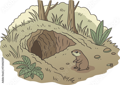 Ground hole set, forest garden animal groundhog burrow or den entrance doodle vector illustration. Cute cartoon wild nature scene with a marmot standing next to its home underground.