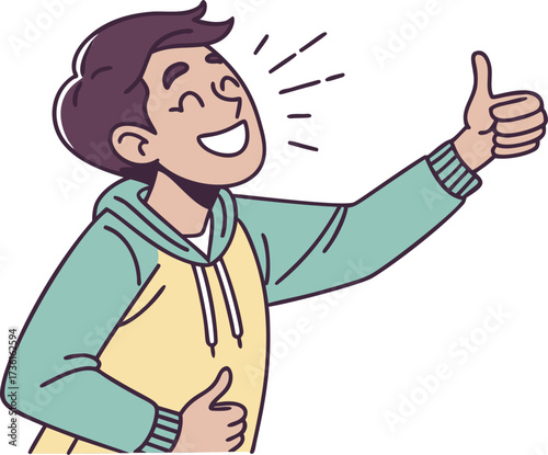 Smiling man giving double thumbs up, cheerful cartoon character expressing approval and joy, vector flat illustration. Positive young guy showing an excellent result, simple hand drawn graphic design 
