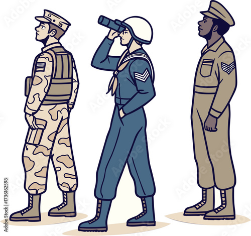 Military men vector illustration set, three soldiers in different uniforms standing in profile. Army marines and navy cartoon characters ready for action, patriotic war graphic design element.