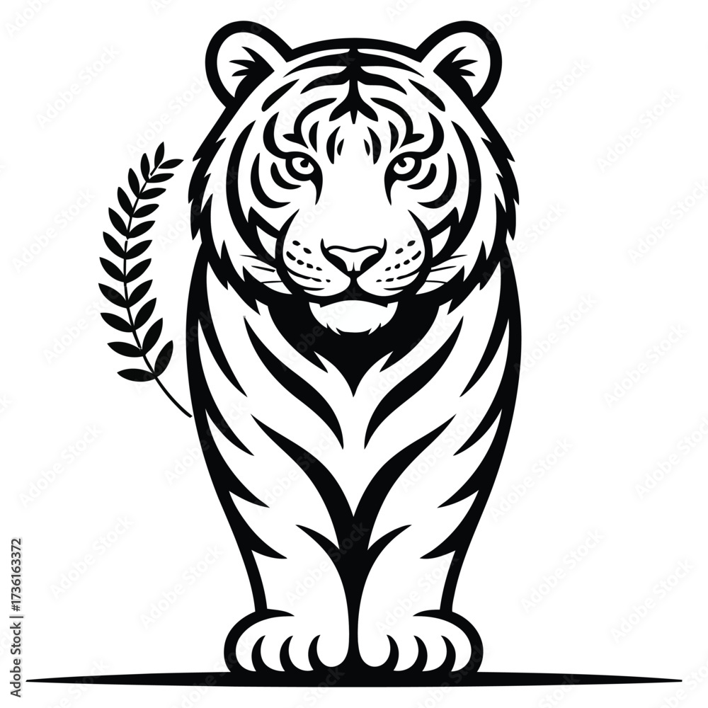 Fototapeta premium Minimal black and white line art illustration of a tiger, bold clean outline, simple smooth curve, isolated on white background, vector style, high contrast, suitable for logos and packaging
