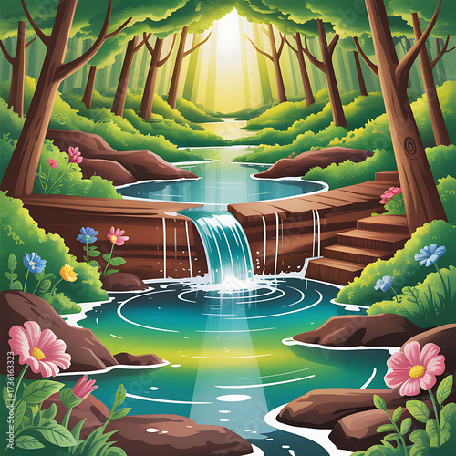 Magical forest waterfall cascades through lush green trees with sunlight streaming down