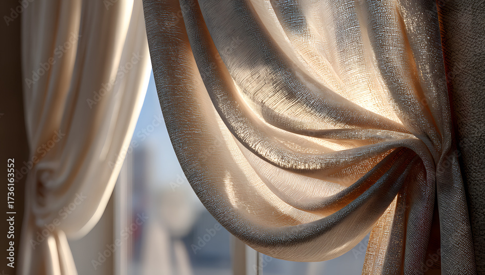 Obraz premium Beige curtains hanging in a room with natural light and shadows. Home decor, window treatments, and soft fabric. The concept of window coverings and interior design.