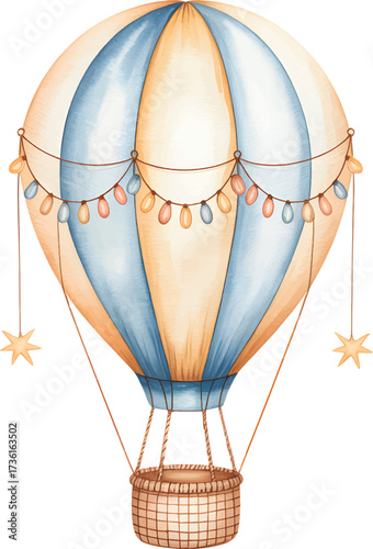 Watercolor hot air balloon with bunting flags. Hot air balloon for kids adventure theme. Hot air balloon with flags.