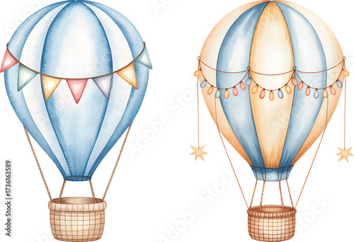 Watercolor hot air balloon with bunting flags. Hot air balloon for kids adventure theme. Hot air balloon with flags.