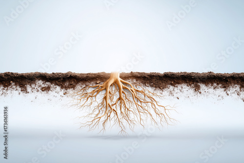 Healthy Plant Roots Growing Deep in Fertile Soil Foundation Stability Business Success Concept