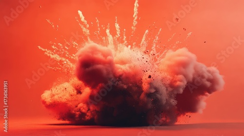 Explosion creating red smoke dust and debris impacting