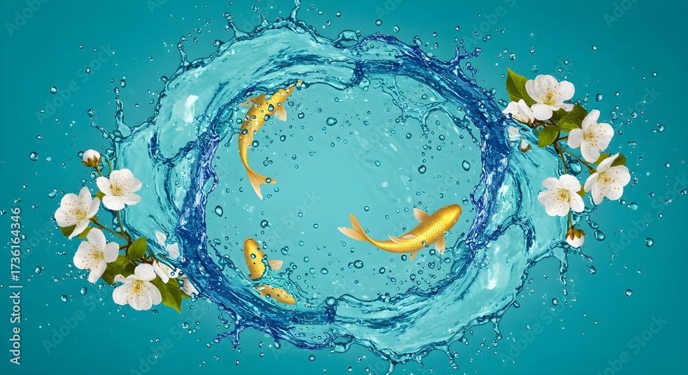 Obraz premium Koi fish, water splash, cherry blossoms, aquatic scene