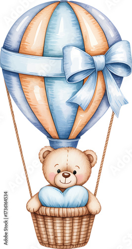 Cute teddy bear in pink hot air balloon illustration. Adorable pastel nursery decor with bear and balloon.