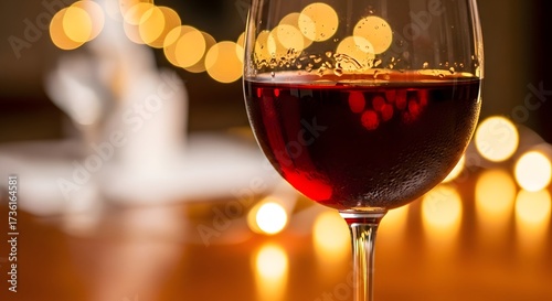 Close up of a glass of red wine with bokeh lights in the background creating a festive atmosphere