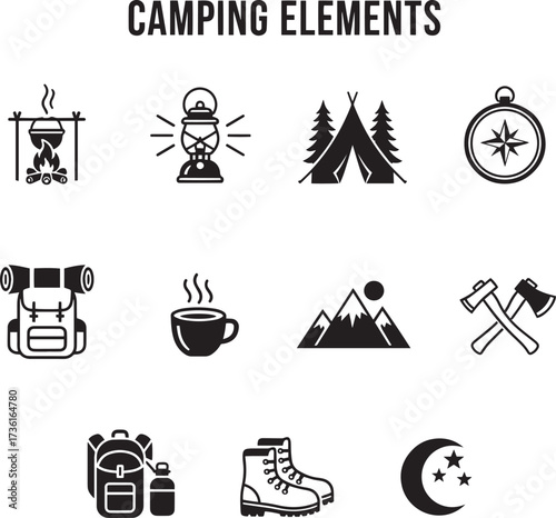 Camping icons featuring fire pot lantern tent compass backpack coffee mountains axes boots moon stars